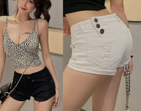 时尚纽扣超短裤女夏季破洞低腰紧身热裤性感外...