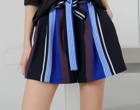 K家2017夏装新款阔腿短裤女彩色条纹系带...