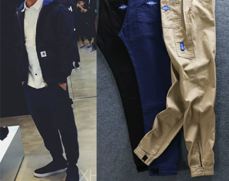 日系港风余文乐同款裤子工装裤男潮牌束脚修身...