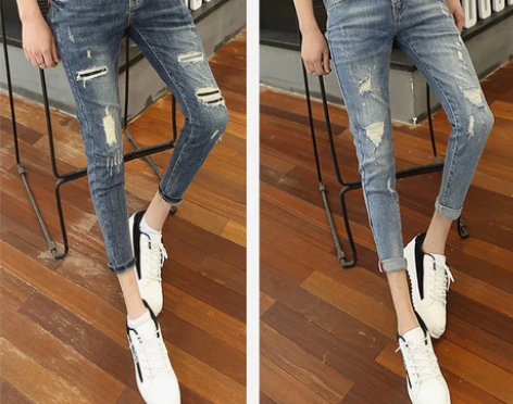 九分牛仔裤男小脚修身破洞潮流精神小伙9分裤...