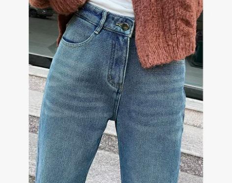 复古蓝阔腿加绒加厚牛仔裤女冬季高腰显瘦薄绒...