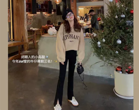 FF BLUE 早春小鸟腿修身微喇开叉牛仔...