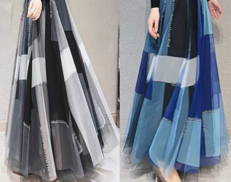 新款错格拼色拼接半身秋季新款仙女裙多层网纱...