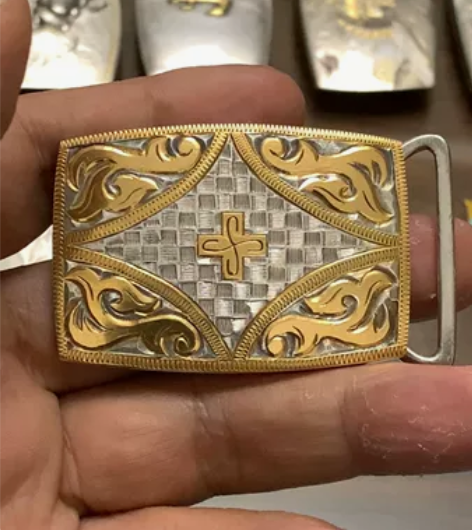 019 日本手工錾刻银制自动平滑皮带扣合页...