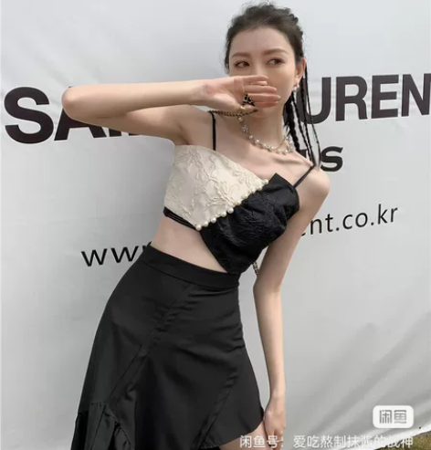 背心吊带女复古黑白拼接不规则珍珠褶皱气质外...