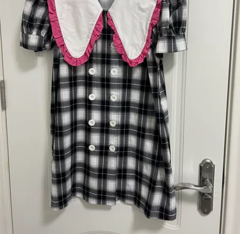 【清仓】黑白格子连衣裙女夏新款原创大领子木...