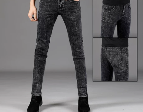 男士牛仔裤夏季薄款百搭雪花灰色修身弹力小脚...