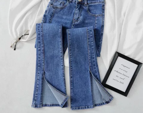 【不加绒】黑色开叉加绒牛仔裤女秋冬2022...