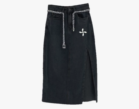 十字花设计感链条牛仔裙开叉包臀裙女2022...
