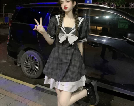 大码胖MM学院风减龄蝴蝶结连衣裙女夏季收腰...