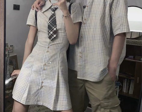 情侣装夏装小众设计感ins超火港风短袖衬衫...