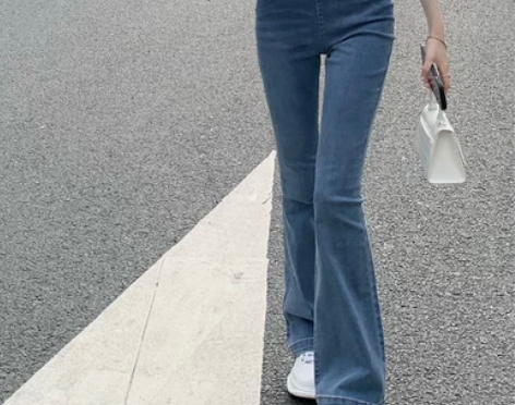 不规则牛仔裤女装高腰修身显瘦微喇长裤春夏薄...