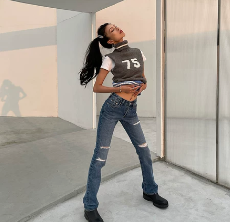 FOT复古蓝色经典显高显瘦秋季修身牛仔裤长...