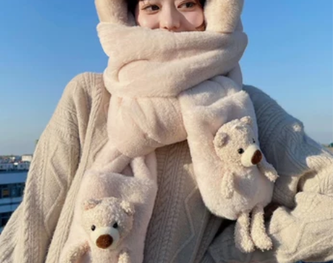 小熊帽子围巾一体女冬季百搭保暖可爱毛绒帽手...