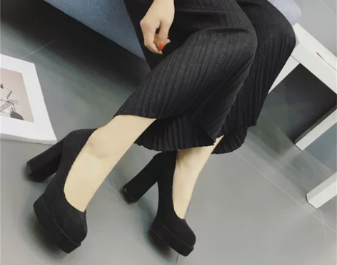 粗跟浅口单鞋2018春秋女高跟鞋圆头防水台...