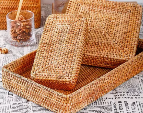 越南手工藤编篮子水果篮托盘小吃编织篮子客厅...