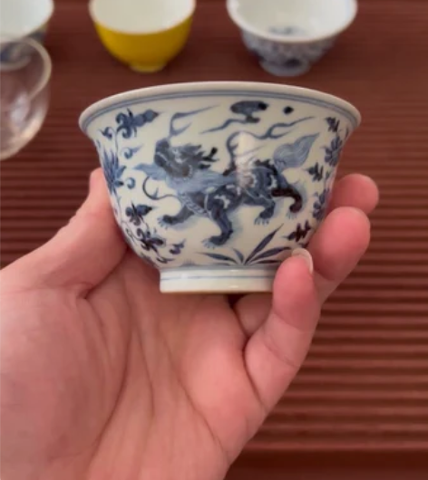 景德镇柴烧仿古泥料元青花瑞兽二才盖碗,12...