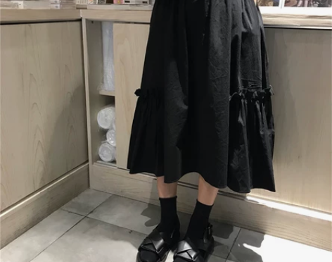 韩风chic复古暗黑系高腰显瘦下摆拼接荷叶...