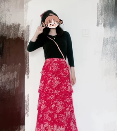 s码红色碎花半身纱裙蛋糕裙款式,是拉链款无...