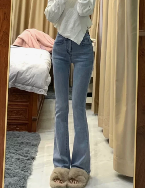 高腰微喇叭牛仔裤女2023年新款修身显瘦拖...