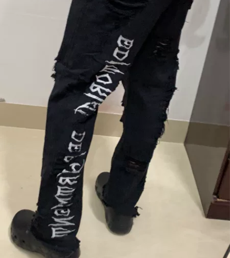 自主高街刀割破洞宽松直筒裤子男国潮牌嘻哈刺...