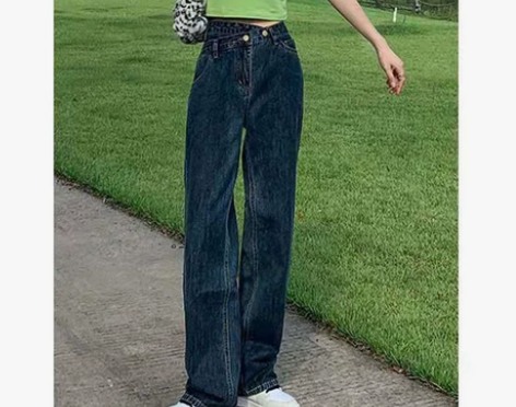 设计感不规则拖地裤女装深蓝色牛仔裤大码胖m...