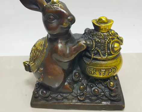 纯铜鎏金聚宝盆兔子摆件 材质：紫铜鎏金复古...