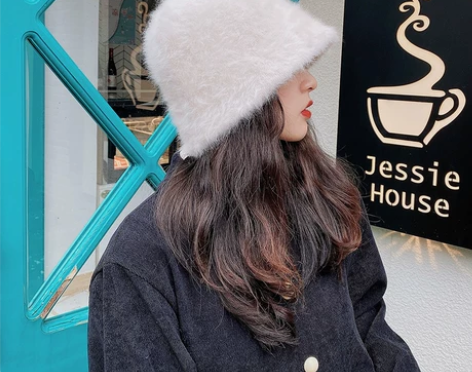 网红同款秋冬洋气兔毛绒水桶帽子女韩版百搭时...