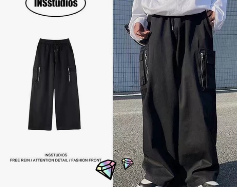 日系复古口袋拉链宽松工装阔腿裤潮牌ins港...