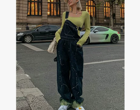 24h Vibing 背带牛仔裤女美式复古...