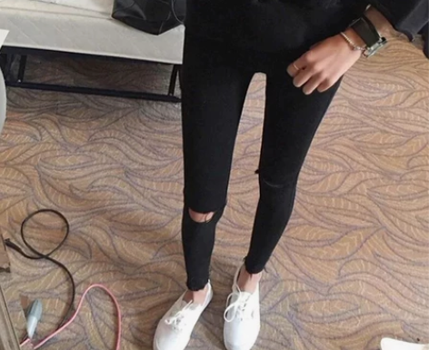 chic韩版烂牛仔裤女破洞 潮紧身显瘦黑色...