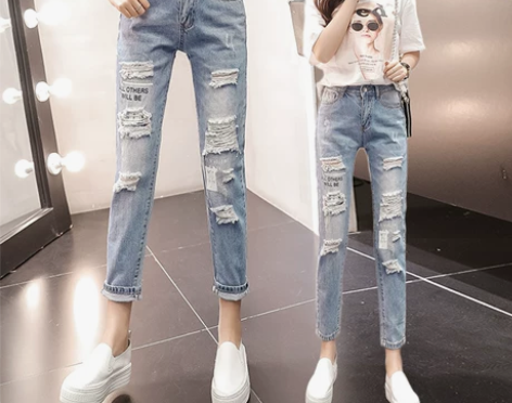香港代购个性破洞牛仔裤女2022夏新款九分...
