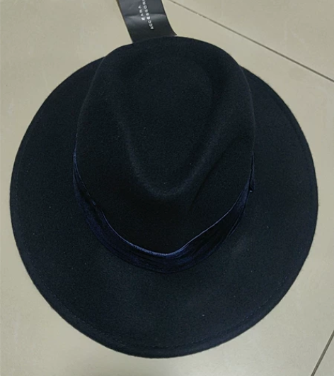 Zara男士中码蓝黑色宽沿纯羊毛礼帽，适合...