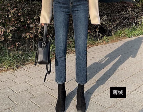 秋冬加绒高腰九分薄绒牛仔裤女复古港味宽松阔...