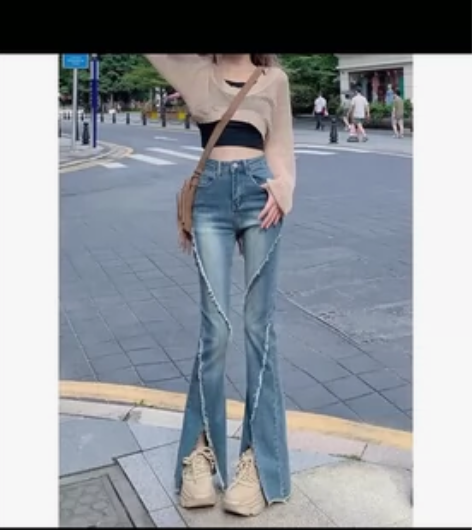 高腰显瘦牛仔裤女秋冬美式复古开叉毛边设计感...