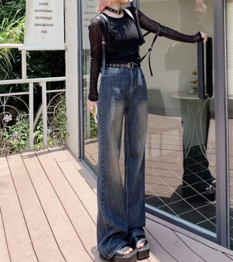 vfvk高腰复古垂感阔腿微喇叭牛仔裤女20...