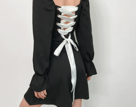 法式复古宫廷后背交叉绑带美背方领小心机连衣...