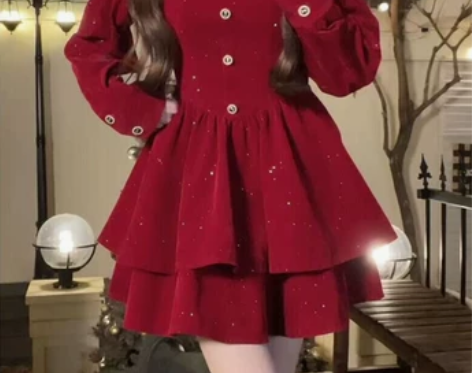 松本丧丧法式复古丝绒碎闪连衣裙收腰气质方领...