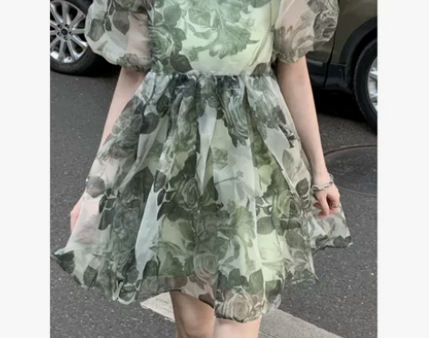 kumikumi高级感印花连衣裙女夏季泡泡...