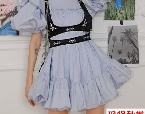 小香风镶钻褶皱束腰蓬蓬裙套装仙女法式水钻泡...