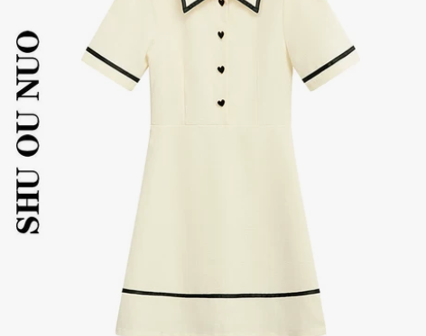 泡泡袖连衣裙女夏新款撞色polo领法式设计...