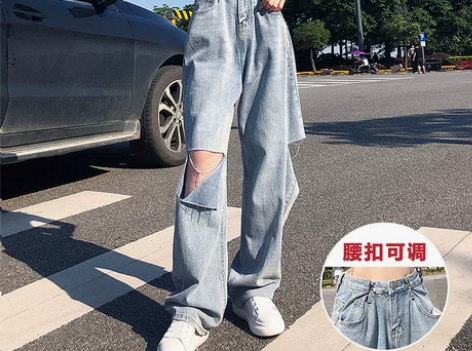 破洞牛仔裤女夏天薄款2021新款直筒宽松泫...
