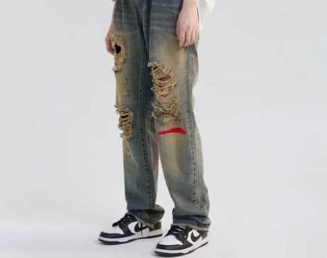 BANDITK GANGN做旧水洗破洞牛仔...