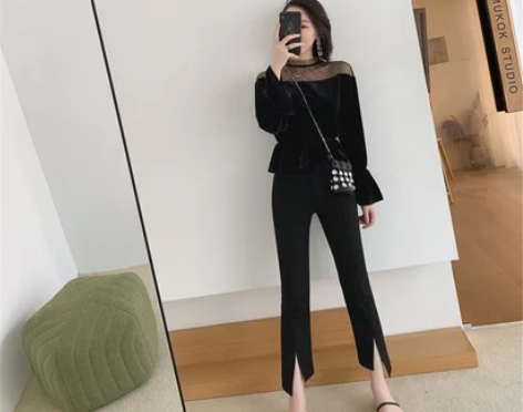 2021春季新款微喇叭裤女九分开叉高腰显瘦...