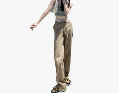 rtrx翻边卡其色休闲裤街头薄款高腰直筒裤...