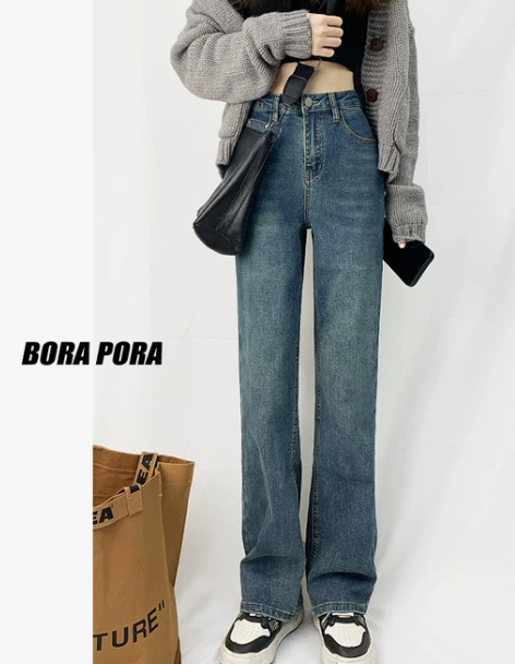 窄版阔腿牛仔裤女2023年春季新款高腰直筒...