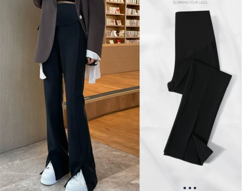 孕妇西装阔腿裤开叉拖地裤春秋外穿黑色裤子孕...