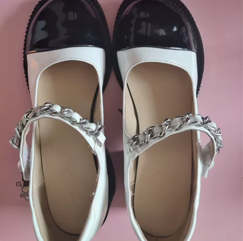 欧洲站小香风黑白拼色粗跟玛丽珍鞋女高跟真皮...