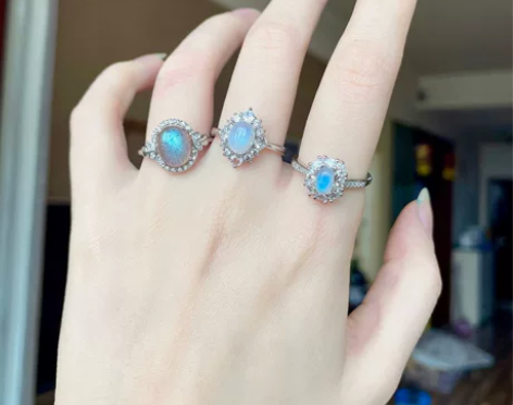 月光石戒指蓝月光灰月光天然石彩宝饰品微镶锆...