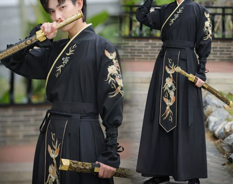 中国风古装大码交领长袖二件套重工汉服男冬黑...